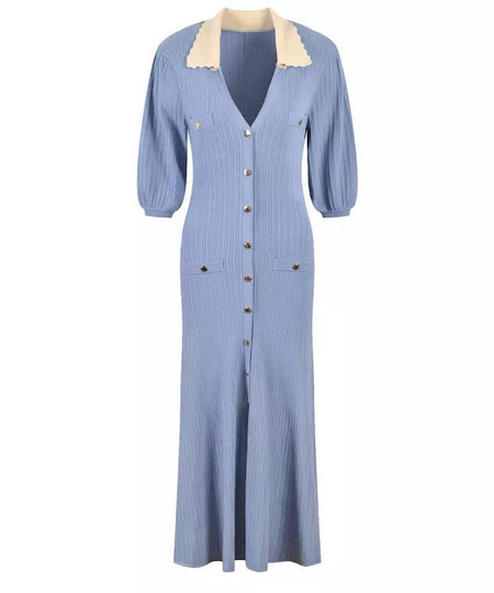 Collared Knit Button Down Dress In Blue - BEYAZURA.COM