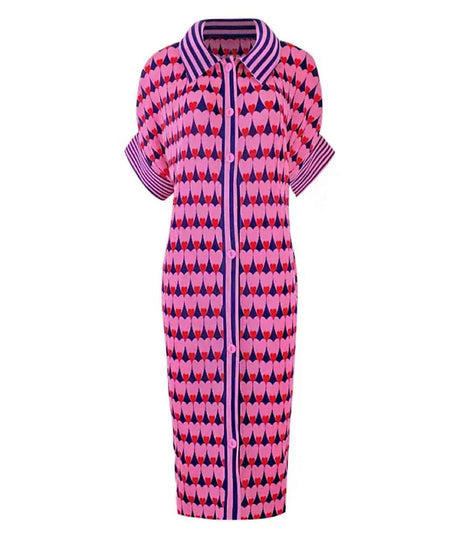 Collared Short Sleeve Printed Short Dress In Pink - BEYAZURA.COM