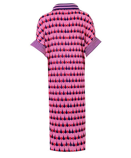 Collared Short Sleeve Printed Short Dress In Pink - BEYAZURA.COM