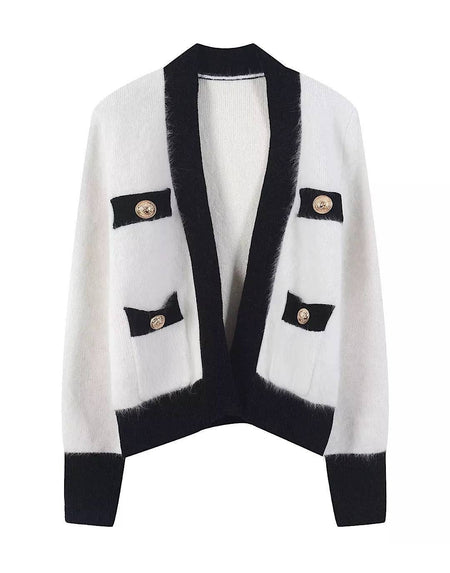 Contrast Border Faux Mohair Cardigan - BEYAZURA.COM