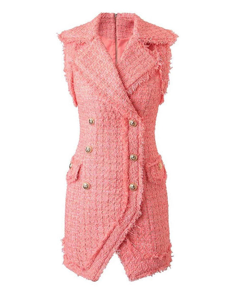 Coral Red Tweed Sleeveless Dress - BEYAZURA.COM