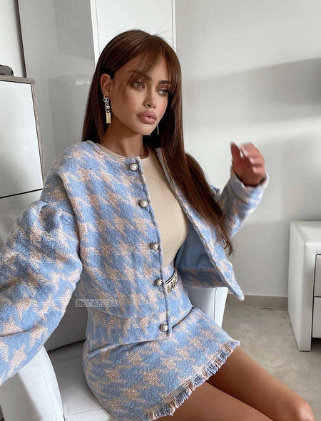 Cozy Houndstooth Jacket and Matching Skirt Tweed Set - BEYAZURA.COM