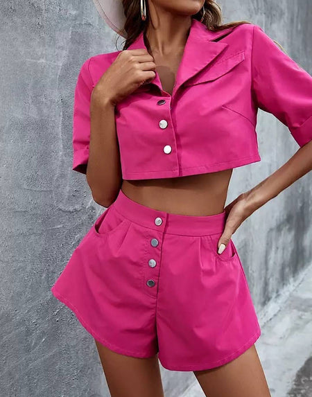 Cropped Shirt High Waisted Shorts Set - BEYAZURA.COM