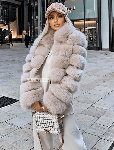 Cropped Striped Short Panel Fox Fur Coat - BEYAZURA.COM