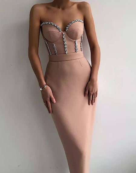 Crystal Beaded Midi Bandage Dress - BEYAZURA.COM