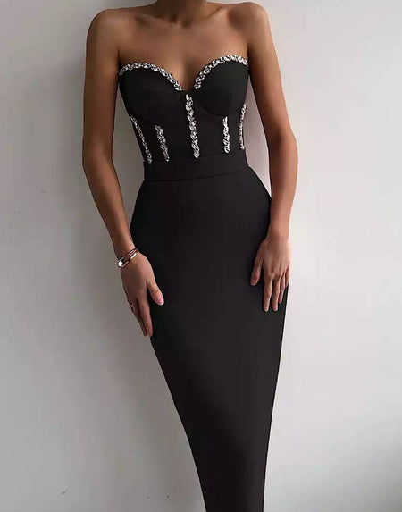 Crystal Beaded Midi Bandage Dress - BEYAZURA.COM