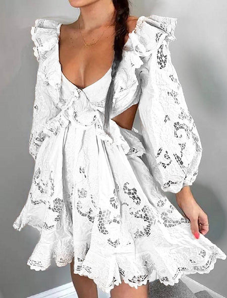 Cut Out Lace Ruffle Dress - BEYAZURA.COM