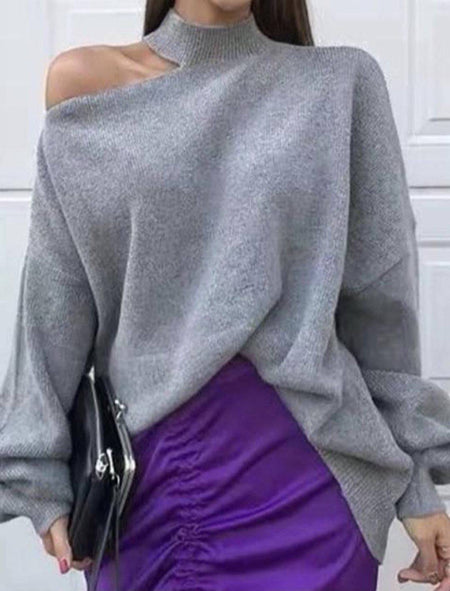 Cut Out Shoulder High Neck Knit Sweater - BEYAZURA.COM