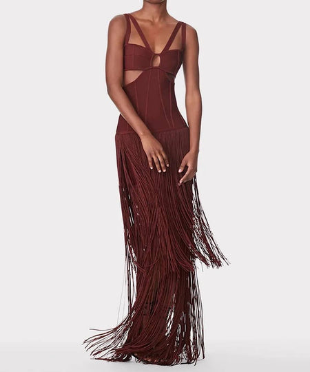 Cutout Bandage Long Dress With Tassels In Auburn - BEYAZURA.COM