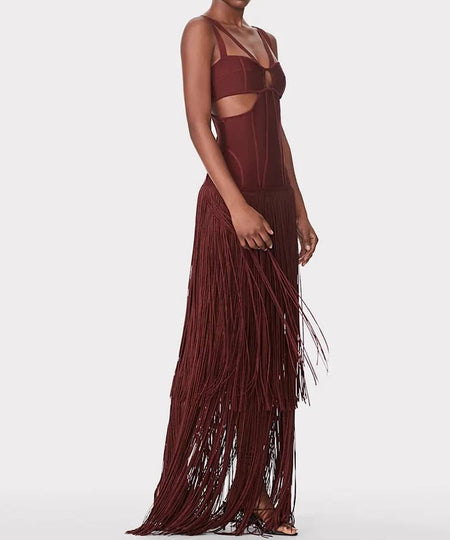Cutout Bandage Long Dress With Tassels In Auburn - BEYAZURA.COM