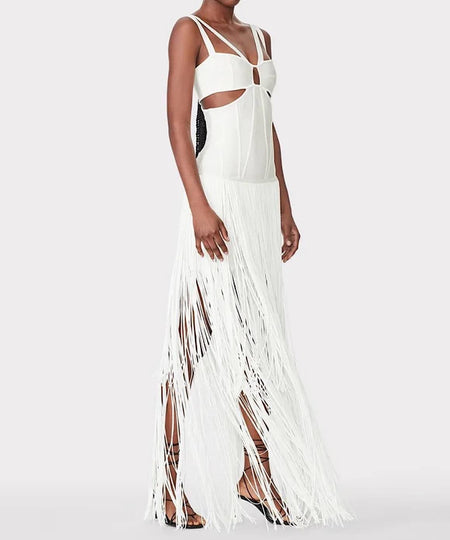 Cutout Bandage Long Dress With Tassels In White - BEYAZURA.COM