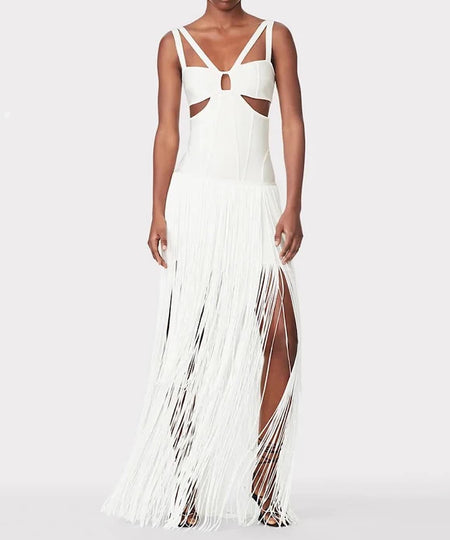 Cutout Bandage Long Dress With Tassels In White - BEYAZURA.COM