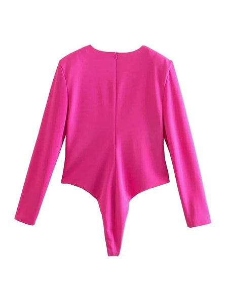Deep V Neck Cleavage Pink Bodysuit - BEYAZURA.COM