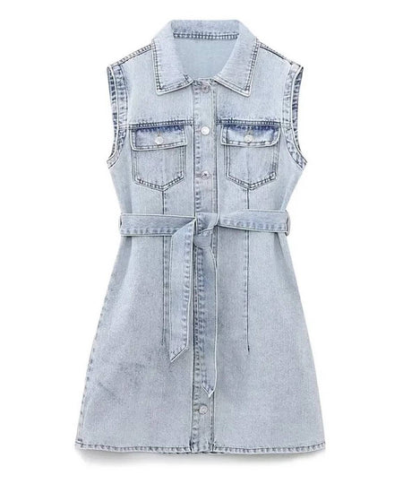 Denim Sleeveless Mini Dress - BEYAZURA.COM