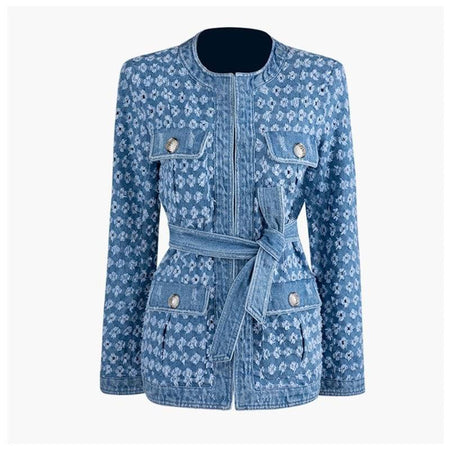 Denim Worn Out Hollow Belted Jacket - BEYAZURA.COM