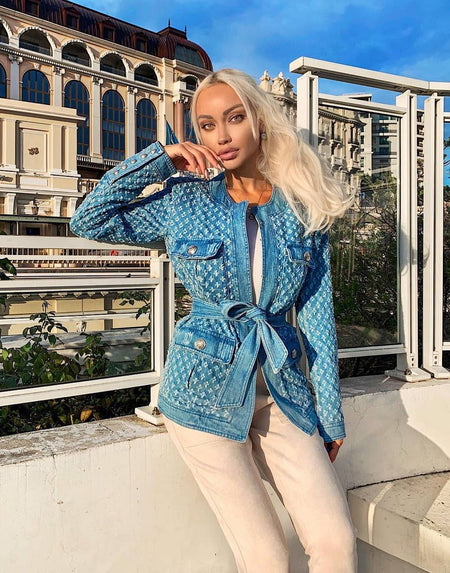 Denim Worn Out Hollow Belted Jacket - BEYAZURA.COM