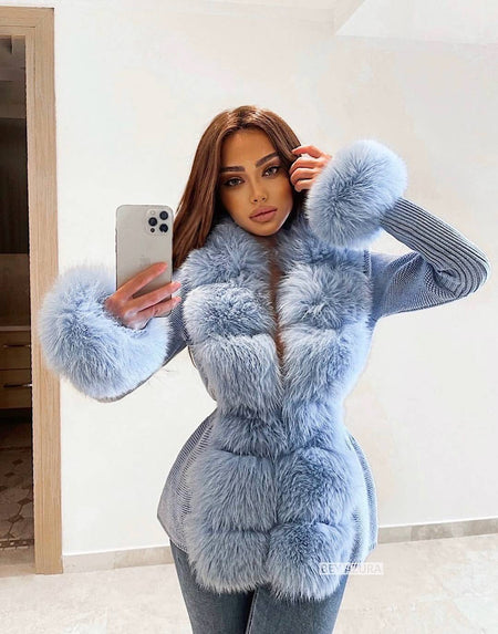 Detachable Fox Fur Trim Rib Knit Sweater - BEYAZURA.COM