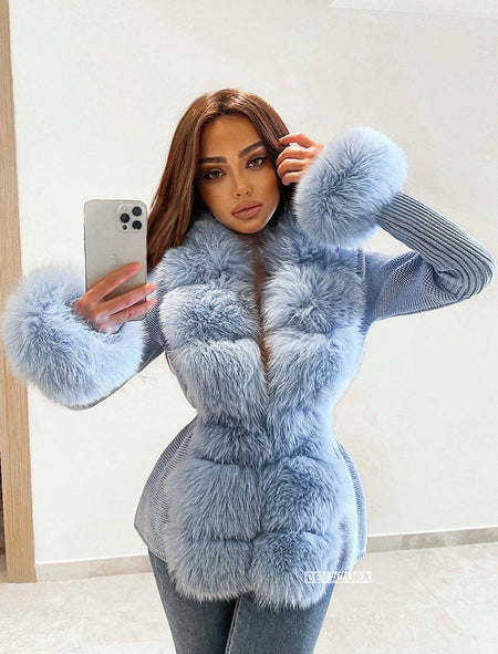 Detachable Fox Fur Trimmed Ribbed Knit Sweater - BEYAZURA.COM