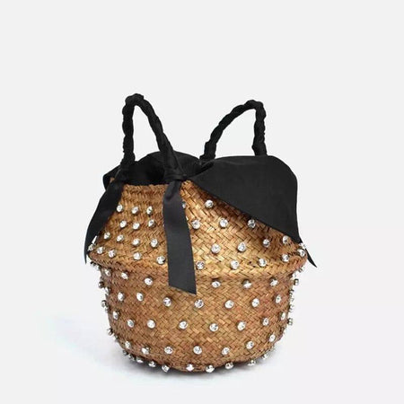 Diamond Decorated Straw Bucket Bag with Black Lining - BEYAZURA.COM