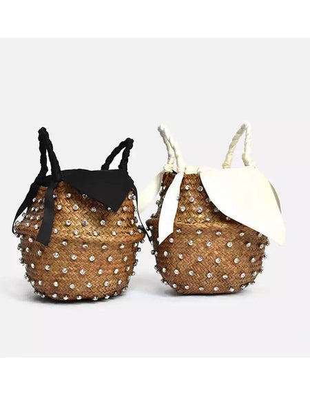 Diamond Decorated Straw Bucket Bag with White Lining - BEYAZURA.COM