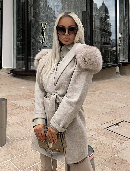 Double Faced Belted Wool Cashmere Coat With Fur Hoodie - BEYAZURA.COM