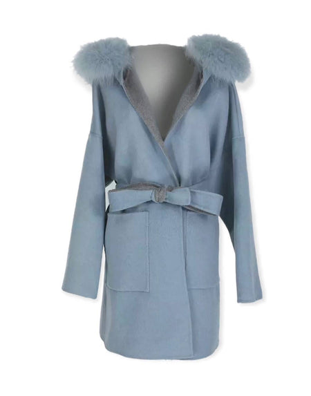 Double Faced Belted Wool Cashmere Coat With Fur Hoodie - BEYAZURA.COM