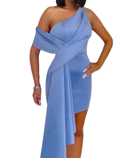 Draped Front One Shoulder Dress in Blue - BEYAZURA.COM