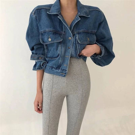 Elastic Waist Denim Jacket With Big Pockets - BEYAZURA.COM