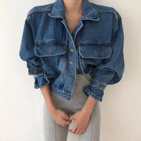 Elastic Waist Denim Jacket With Big Pockets - BEYAZURA.COM
