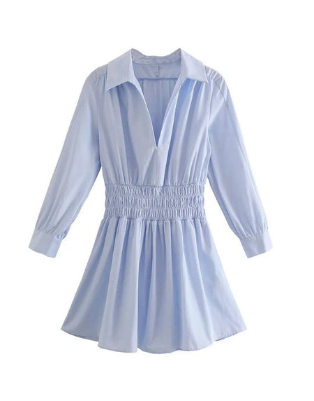 Elastic Waisted Blue Mini Dress - BEYAZURA.COM