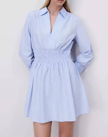 Elastic Waisted Blue Mini Dress - BEYAZURA.COM