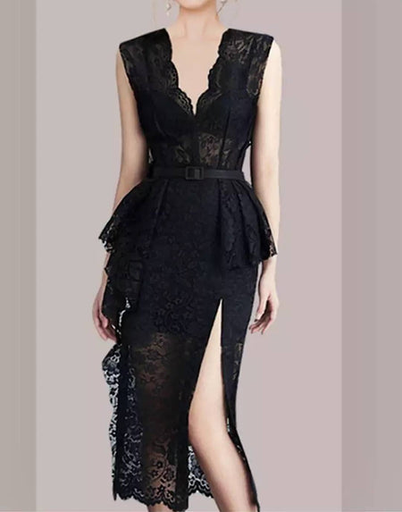 Embroidered Side Slit Lace Dress - BEYAZURA.COM