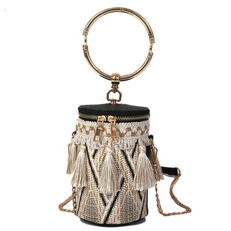 Ethnic Circular Knitted Tassel Handbag - BEYAZURA.COM