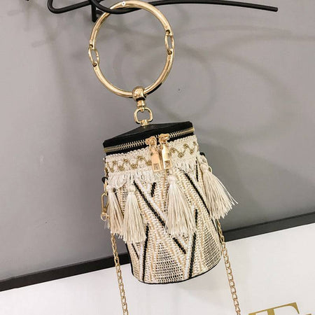 Ethnic Circular Knitted Tassel Handbag - BEYAZURA.COM