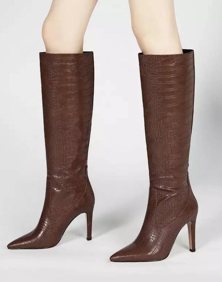 Faux Crocodile Skin Below The Knee Boots - BEYAZURA.COM