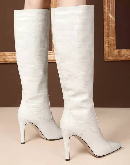 Faux Crocodile Skin Below The Knee Boots - BEYAZURA.COM