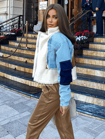 Faux Fur Collar Denim Jacket With Patches - BEYAZURA.COM