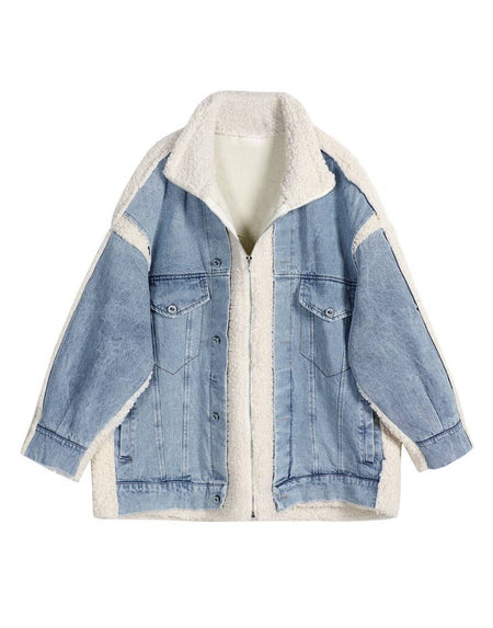 Faux Fur Patched Denim Coat - BEYAZURA.COM