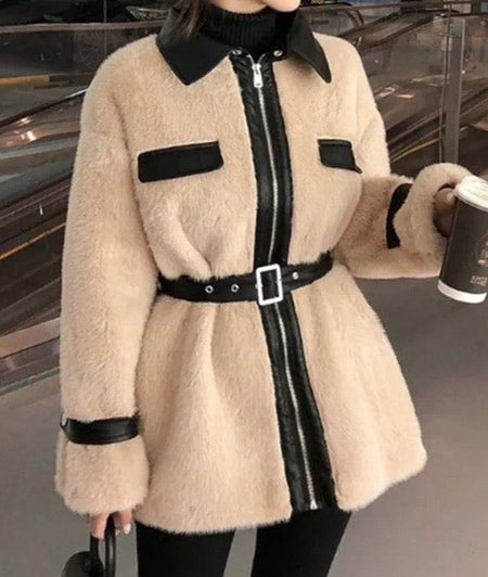 Faux Fur Pu Leather Trimmed Coat - BEYAZURA.COM