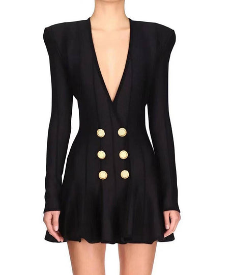 Flared Deep Cleavage Knitted Mini Dress in Black - BEYAZURA.COM