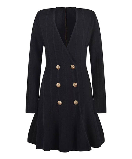 Flared Deep Cleavage Knitted Mini Dress in Black - BEYAZURA.COM