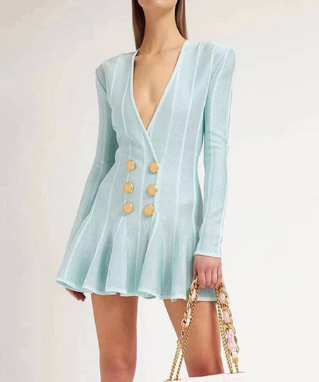 Flared Deep Cleavage Knitted Mini Dress in Sky Blue - BEYAZURA.COM