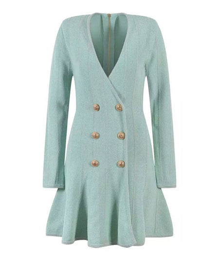 Flared Deep Cleavage Knitted Mini Dress in Sky Blue - BEYAZURA.COM