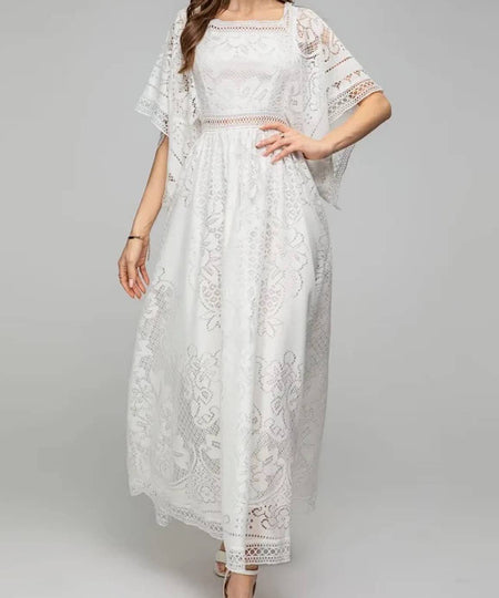 Flared Sleeve Crochet Knitted Long Dress In White - BEYAZURA.COM