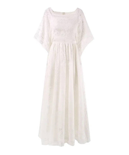Flared Sleeve Crochet Knitted Long Dress In White - BEYAZURA.COM