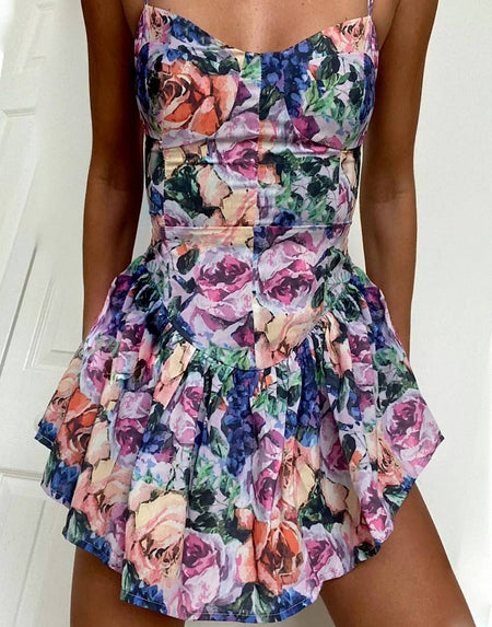 Floral Print Asymmetrical Short Dress - BEYAZURA.COM