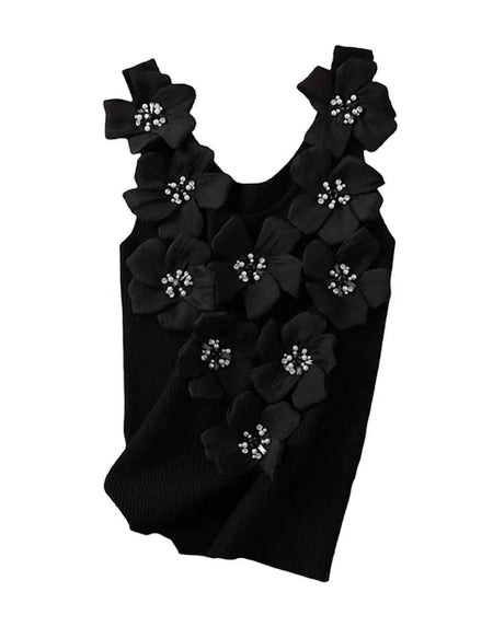 Flower Beaded Knit Tank Top - BEYAZURA.COM