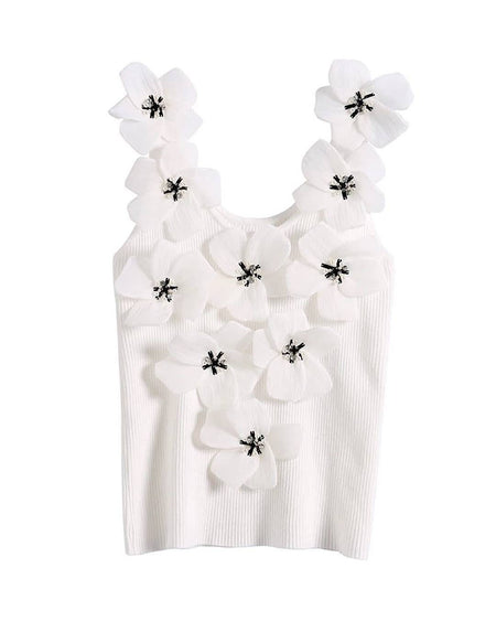 Flower Beaded Knit Tank Top - BEYAZURA.COM