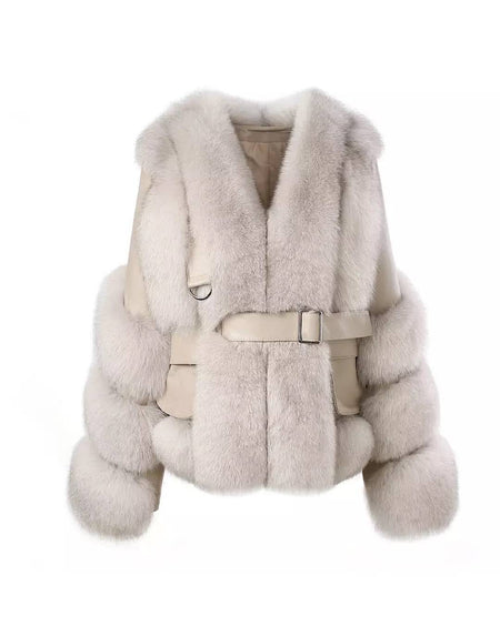 Fox Fur Leather Trimmed Belted Coat - BEYAZURA.COM
