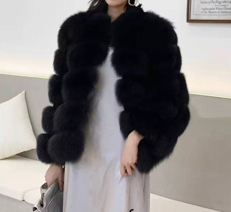 Fox Fur Panel Mid Lenght Fur Coat - BEYAZURA.COM
